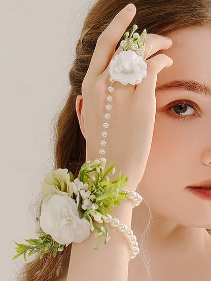 Elegant White – Hand Set Jewelry with Floral Pearls Wrist and