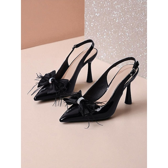 Women's Black Leather Slingback Patent Heels Feather with
