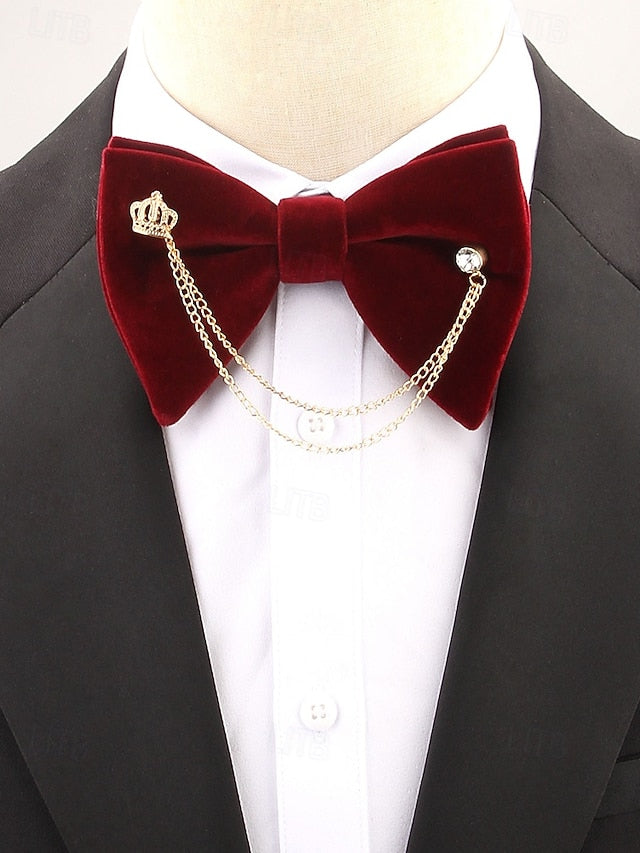 Detail Bow Men's Velvet with – and Crown Chain Tie