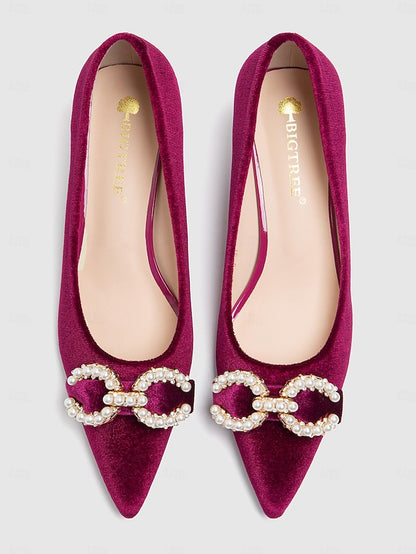 Women's Burgundy Pearl - Heel Velvet with Kitten Pumps Bow