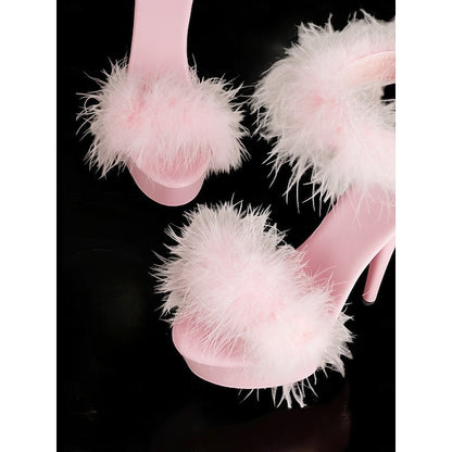 High –Stylish Heels with Fluffy Pink Sandals Platform