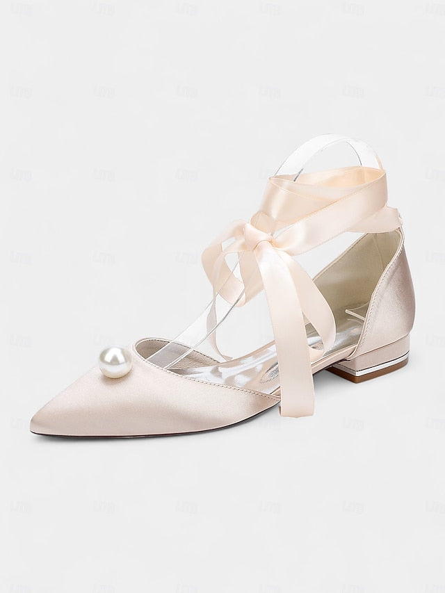 Embellished Satin Pointed Women's Navy - Pearl Flats Toe