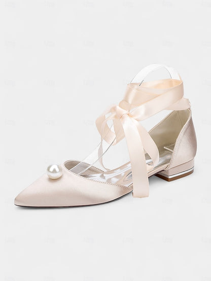 Embellished Satin Pointed Women's Navy - Pearl Flats Toe