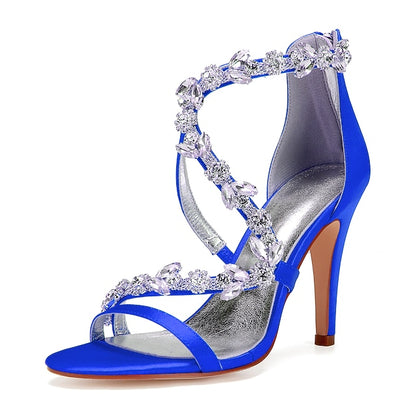 High Satin Sandals Floral Pink Heel Rhinestone with Women's