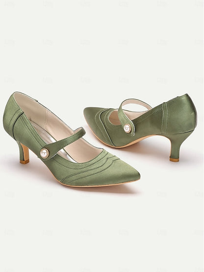 Green Button Satin Jane - with Heels Pearl Elegant Mary