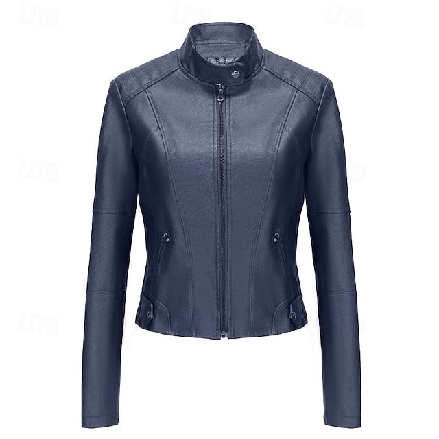 Zipper Jacket Pocket Faux Leather Women's Comfortable