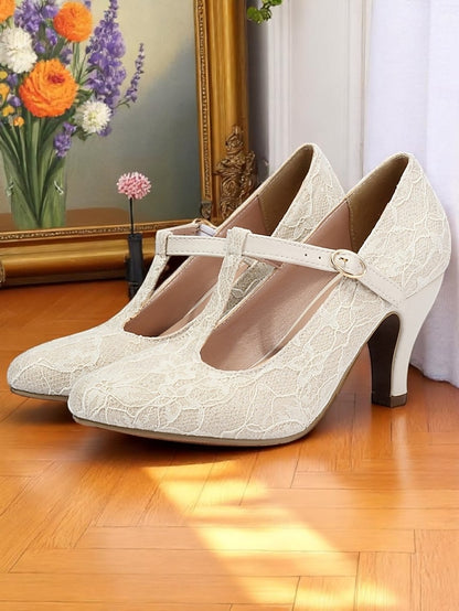 Ivory Heel Women's Pumps-1920s T-Strap Lace Vintage Mid