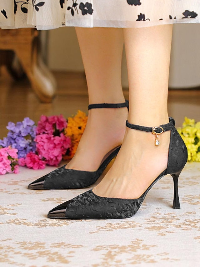 Toe Beige Women's and with Gold Pointed Heels Satin Accents