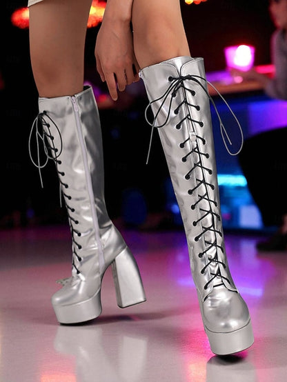 Metallic Silver Platform High Boots - Lace-Up Women's Knee