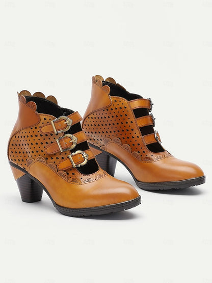 Vintage Women's Perforated Ankle Brown - Boots Buckle Strap