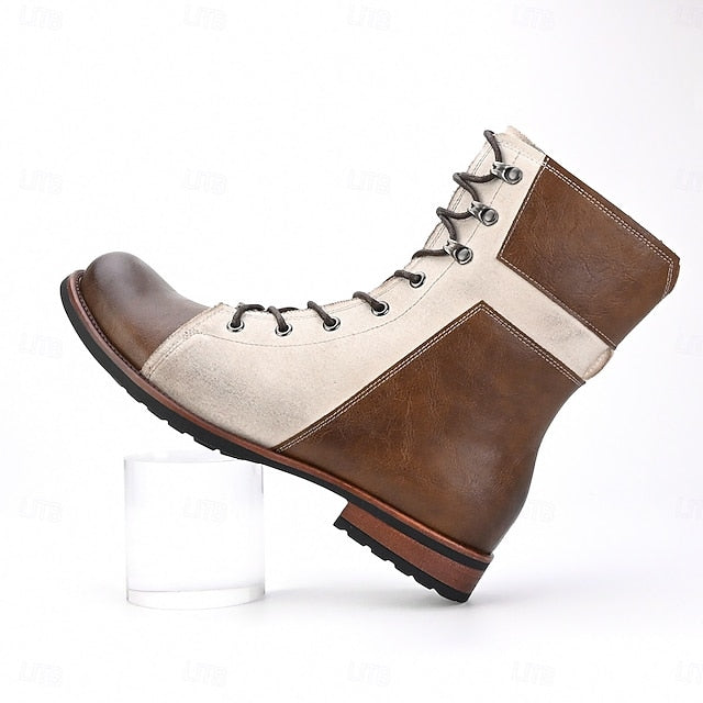 Vintage Lace-Up Leather Boots Faux Two-Tone Men's Mid-Calf