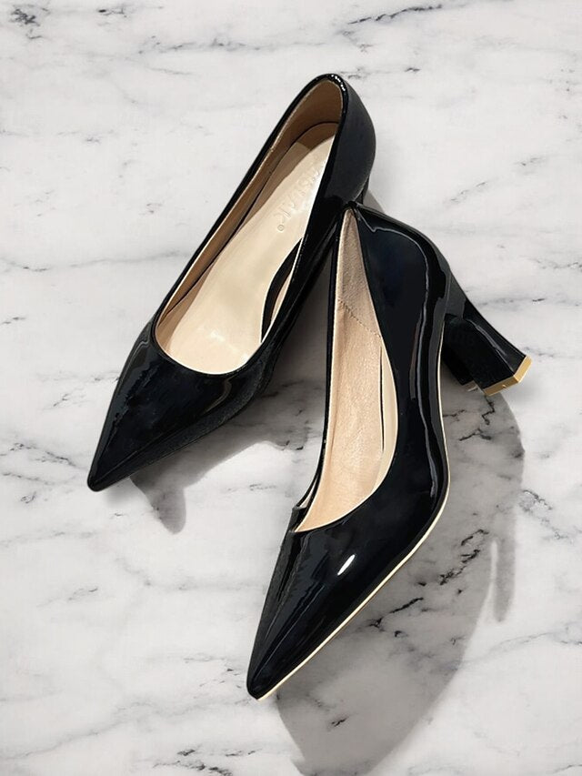 Leather Block Heel Glossy Pointed-Toe Pumps Green Patent Faux