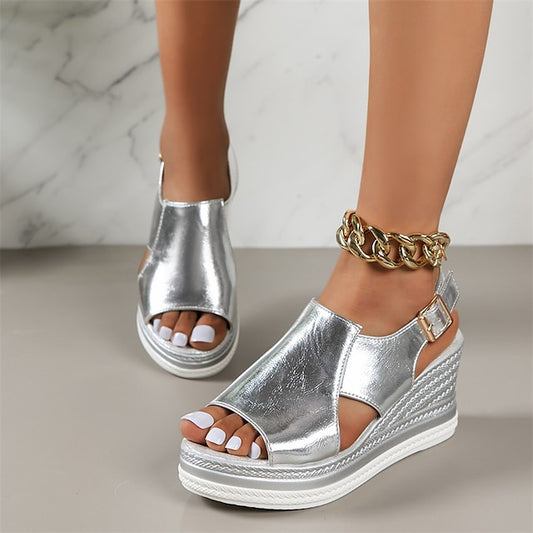 Sandals Wedge Open-Toe Buckle Silver Women's Metallic with