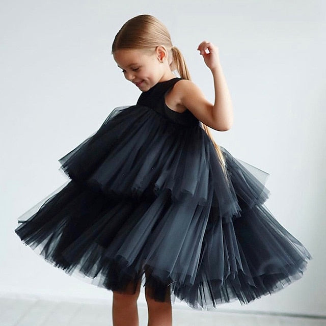 Kids Wedding Party Color Solid Sleeveless Girls' Mesh Dress