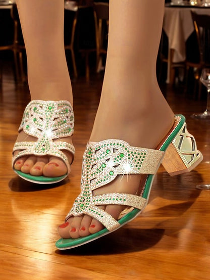 Gold Sandals Green Rhinestone Heeled Embellished - and