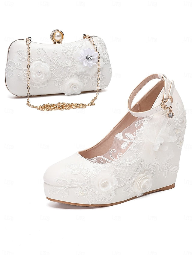 White Wedding Shoes Floral with Embellishments Lace