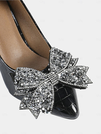 Patent Black Women's with Wedge Bow Leather Glitter Heels