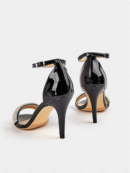 Rhinestone Sandals High Black Heel Leather Patent with