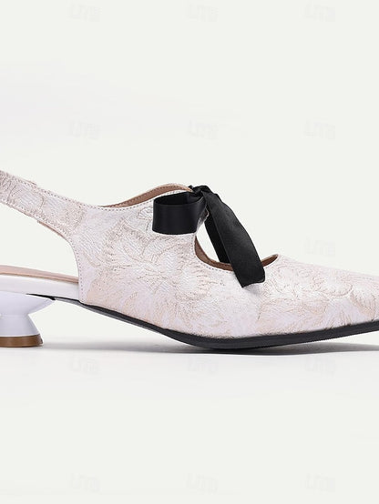 Bow Heels Vintage with - Elegant Slingback Lace Women's