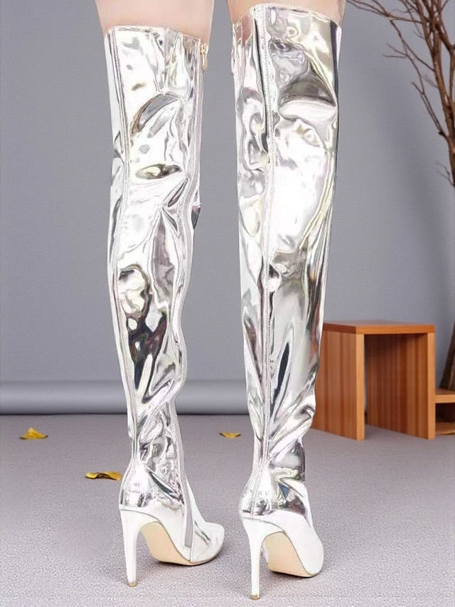 Black Over-the-Knee Women's Pointed Leather Patent Toe