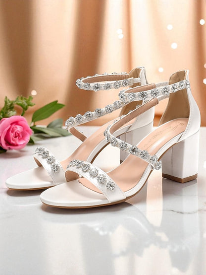 Open - Rhinestone Elegant Heel Women's Sandals White Block