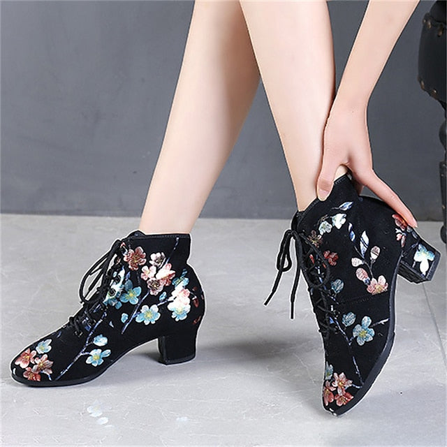 Comfortable Shoes Black – Lace-up Women Low Floral Dance for