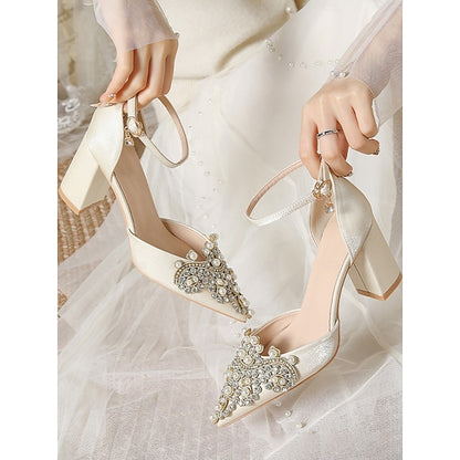 Pearl and Women's Embellished Block Heel Rhinestone Wedding