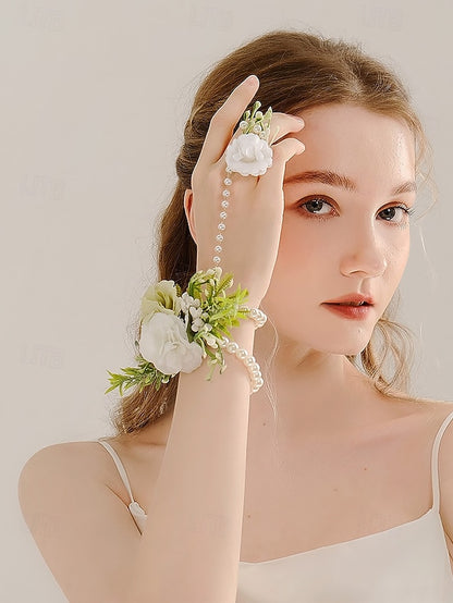 Elegant White – Hand Set Jewelry with Floral Pearls Wrist and