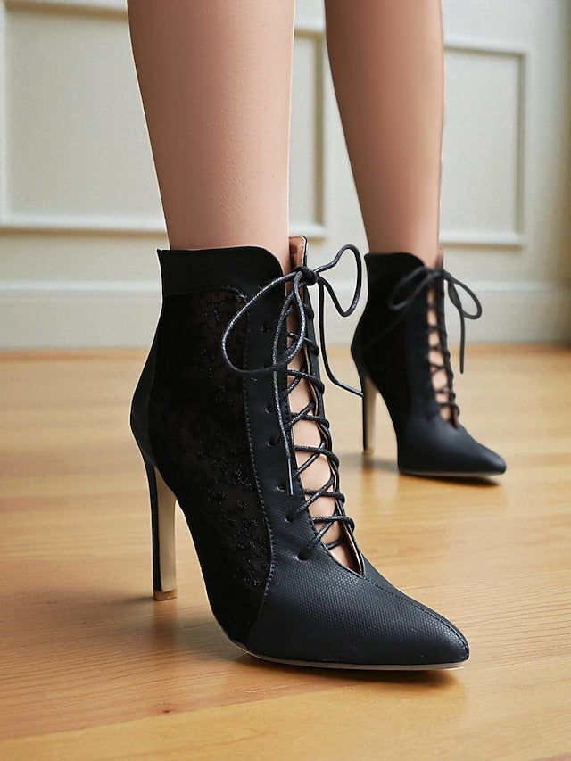 Ankle Mesh Heels Lace Booties Women's Stiletto White with