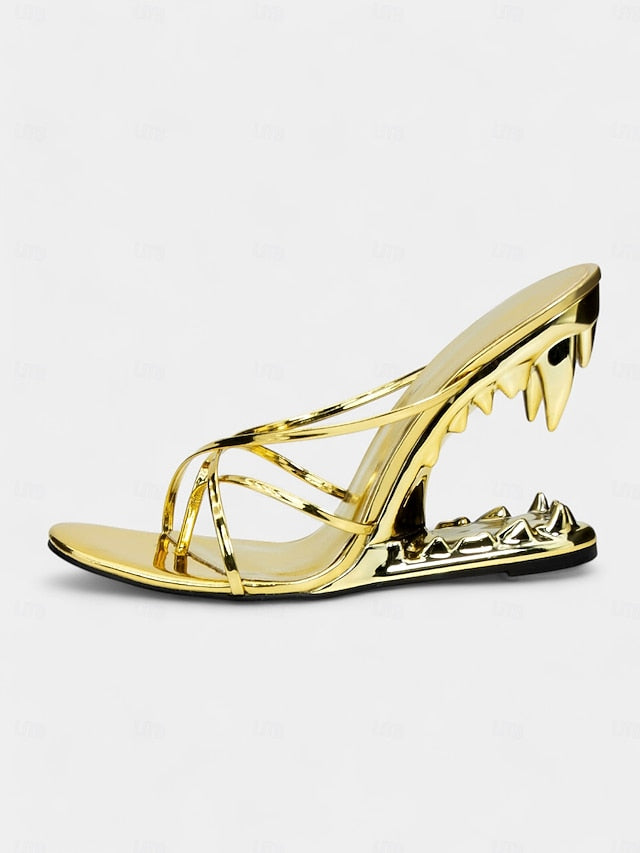 Gold Flat Unique Sculpted Sandals Design with Metallic - Heel
