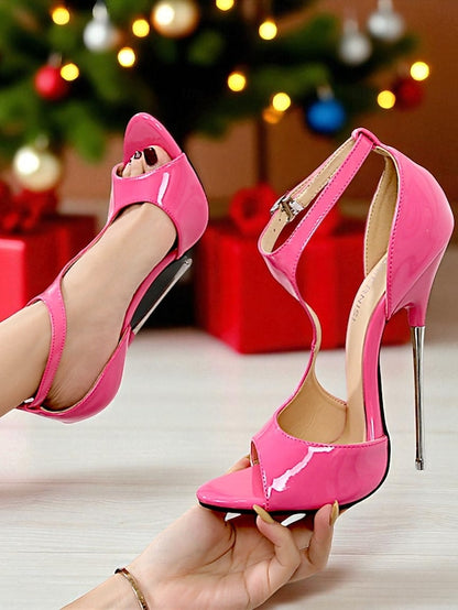 Open - Patent Red Strappy Leather Heels Women's Stiletto