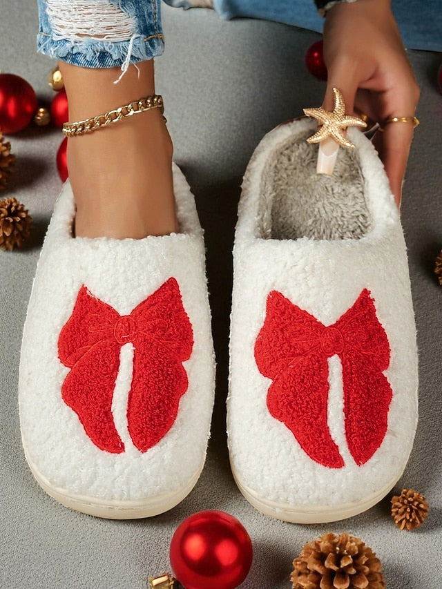 White Design Bowknot - Women's with Slippers Red and Soft