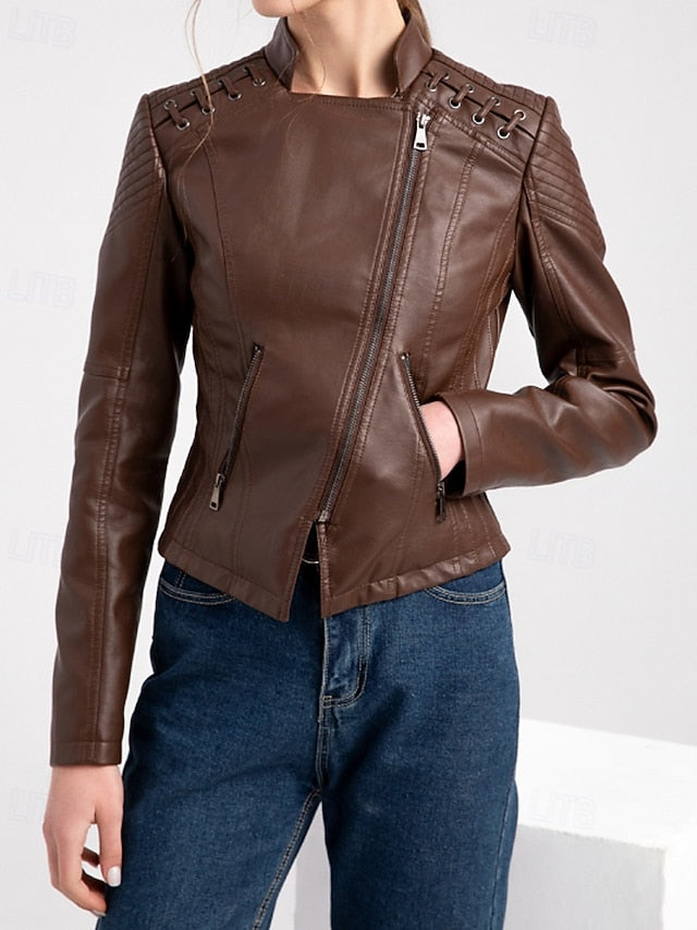 Leather Jacket Women's Zipper Faux Comfortable Pocket