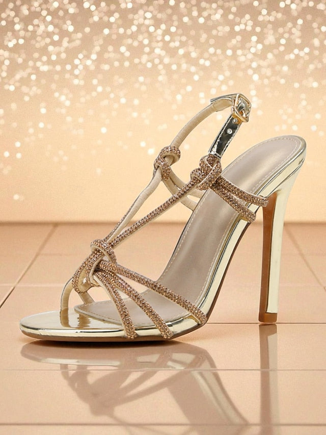 Heels Rhinestone Strappy Square Stiletto Women's with Toe