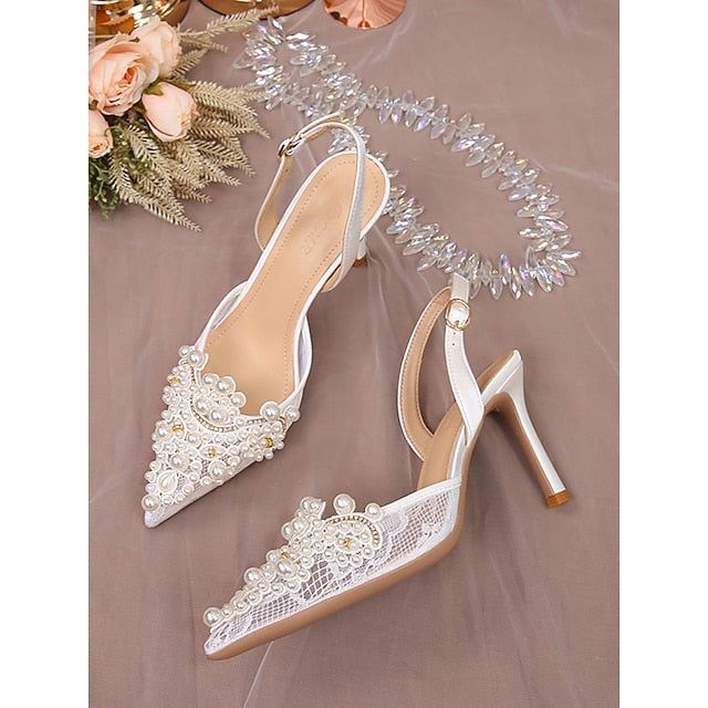 Slingback Pointed-Toe Heel White Kitten with Pearl-Embellished