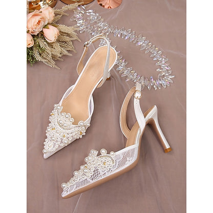 Slingback Pointed-Toe Heel White Kitten with Pearl-Embellished