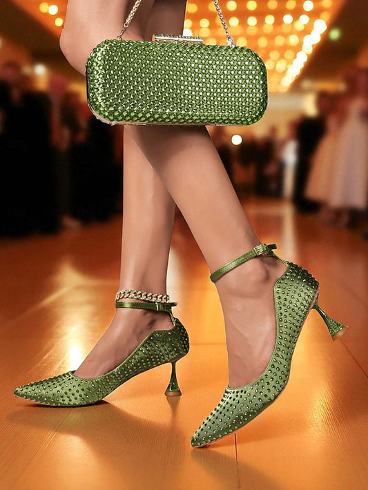 Clutch Bag Heels and Green Set Rhinestone Women's Matching