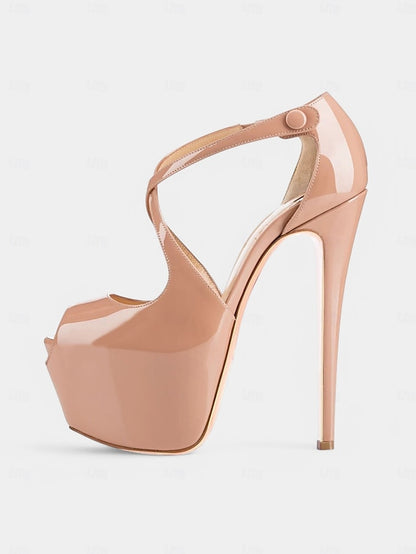 and Stiletto Cross with Platform Black Leather Patent Red Heels