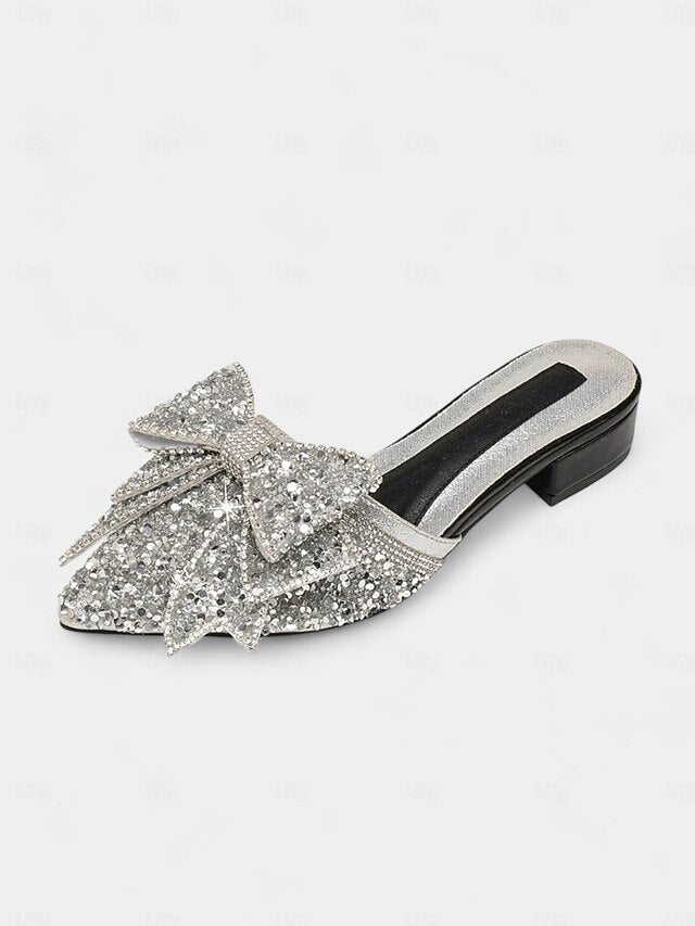 Rhinestone-Bow for Parties Mules Black – Flat Perfect and