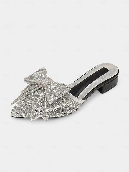 Rhinestone-Bow for Parties Mules Black – Flat Perfect and