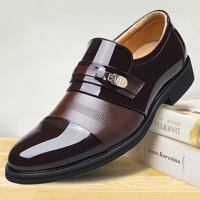 Men's Loafers with Faux Patent Brown Leather