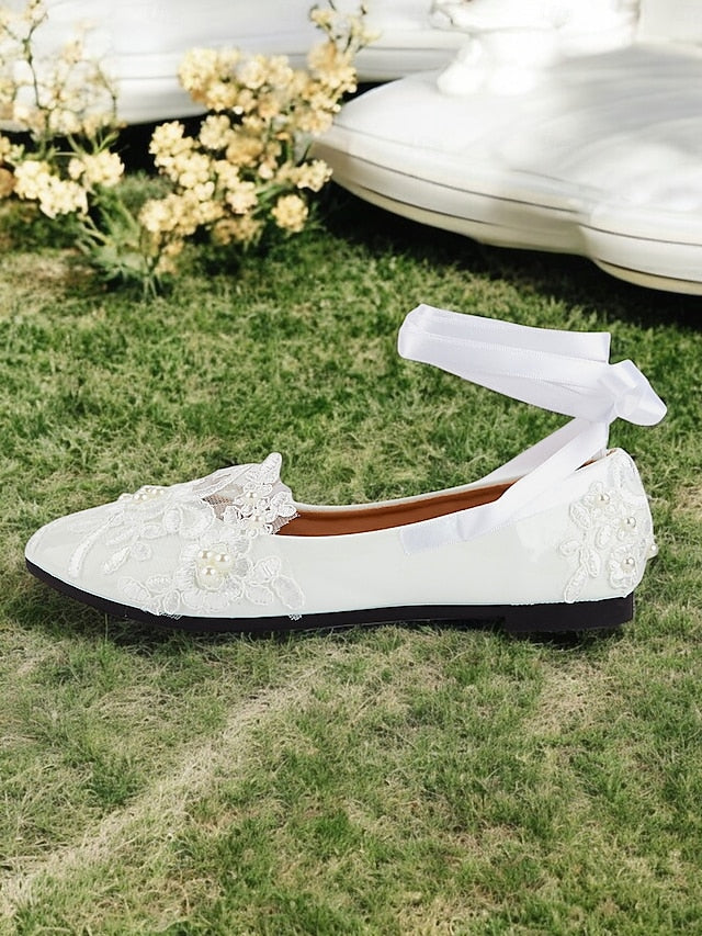 Flats Shoes Elegant Bridal with Lace - White Ties Ribbon Wedding