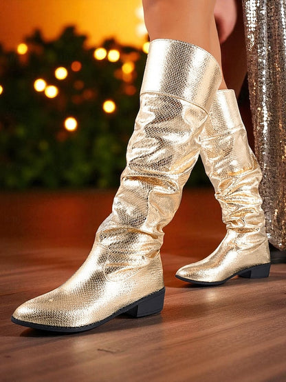 Women's Party High - Gold Boots Shiny Knee Metallic Slouch
