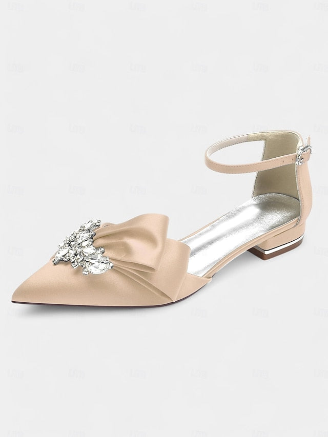 Pointed-Toe White Rhinestone Bow Heels with Ankle Satin and