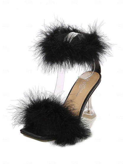 Feather-Embellished Heel with Sandals Turquoise Clear High