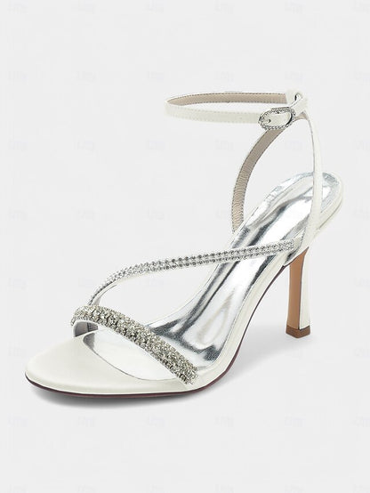 Champagne Satin Sophisticated Strappy Rhinestone Heels –