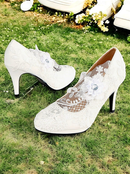 Lace Floral White Bridal High – Shoes with Heel Embellishments