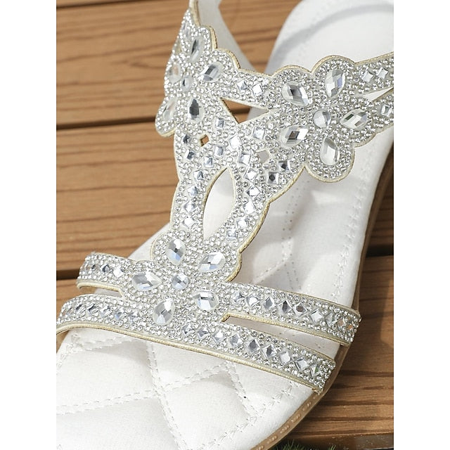 T-Strap Rhinestone Sandals Boho – Flat Women's Silver