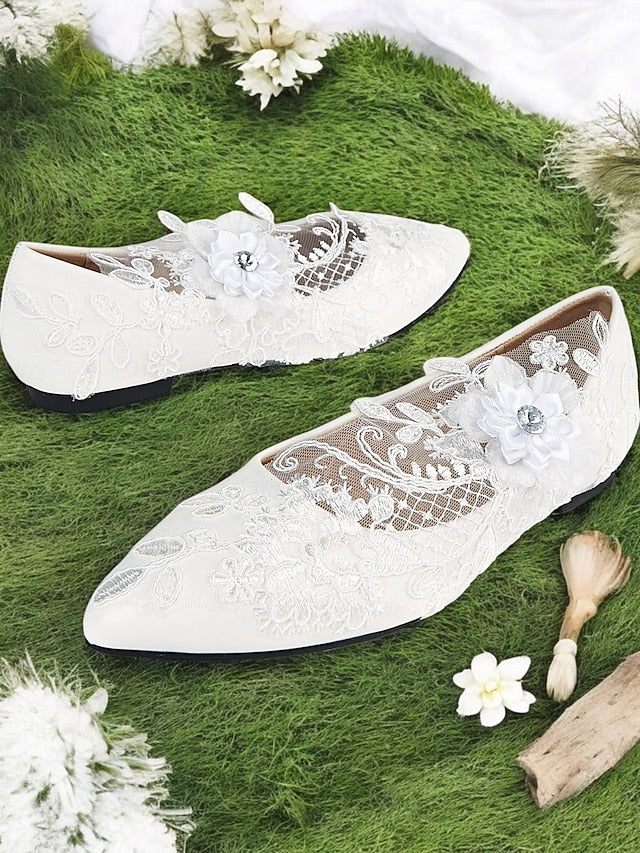 and Lace with Design White Wedding Floral Mesh Appliqué Shoes