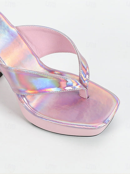 with Open-Toe Block Heels Women's Pink Chunky Iridescent